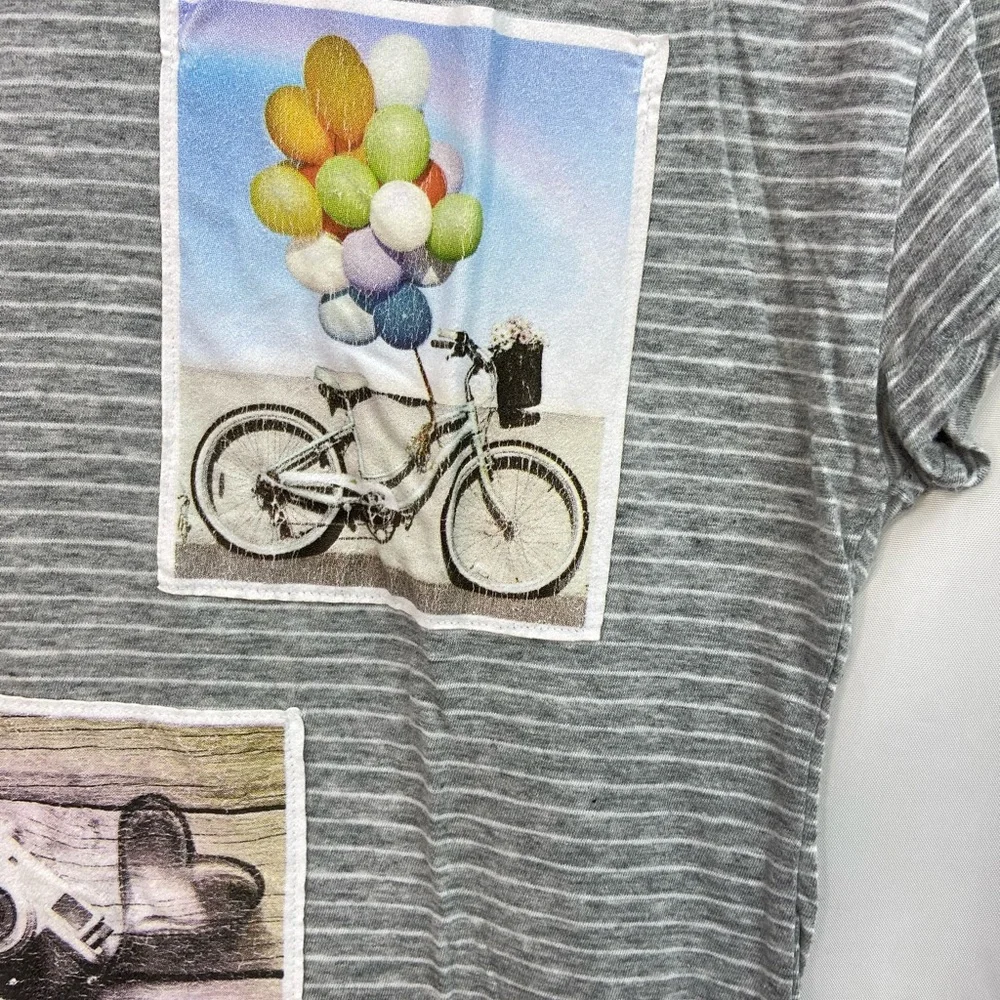EUC Justice girl’s gray white striped photo cropped short sleeve summer shirt 14